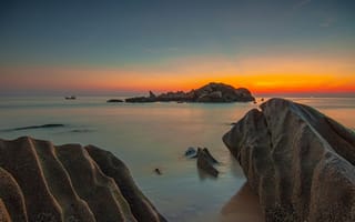 Картинка закат, море, скалы, пейзаж, природа, тихая вода, песок
