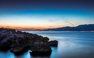 Картинка море, закат, пейзаж, скалы, природа, водная гладь, горизонт
