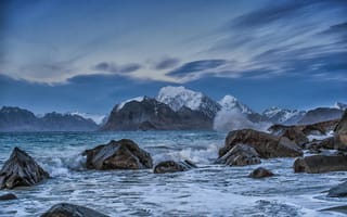 Картинка море, горы, пейзаж, природа, скалы, закат, ледники