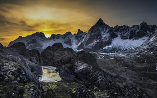 Картинка горы, закат, природа, пейзаж, скалы, ледник, водоем