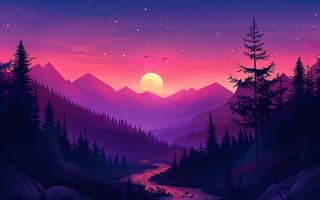 Картинка пейзаж, горы, закат, лес, река, природа, красота, небо, звезды, иллюстрация