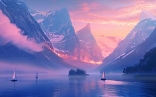 Картинка горы, озеро, закат, пейзаж, парусники, природа, туман