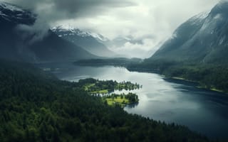 Картинка природа, горы, озеро, лес, пейзаж, облака, водоем, мирный, зеленый, красота
