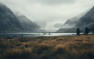 Картинка пейзаж, горы, озеро, туман, природа, мгла, трава