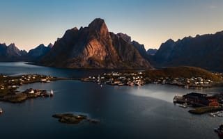 Картинка горы, озеро, природа, пейзаж, закат, норвегия, деревня