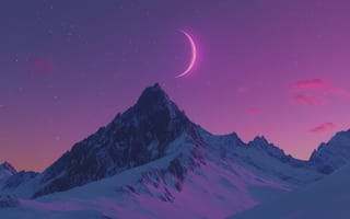 Картинка горы, луна, закат, пейзаж, небо, звезды, природа