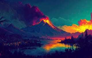Картинка вулкан, природа, пейзаж, озеро, горы, закат, огонь