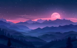 Картинка горы, луна, пейзаж, ночь, звезды, природа, обои