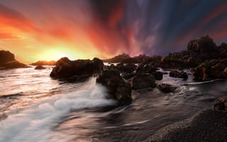 Картинка закат, море, скалы, природа, пейзаж, водопад, облака
