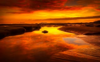 Картинка закат, море, отражение, пейзаж, природа, камни, небо