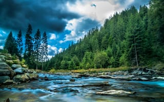 Картинка река, лес, природа, пейзаж, облака, водопад, камни