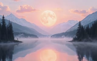 Картинка природа, горы, луна, озеро, закат, лес, пейзаж, туман, отражение, красота