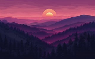 Картинка закат, горы, лес, пейзаж, природа, фон, обои
