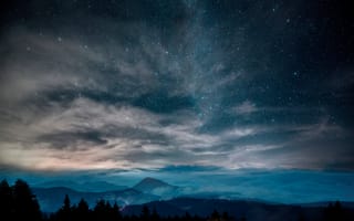 Картинка ночное небо, звезды, горы, облака, пейзаж, природа, космос
