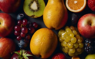 Картинка фрукты, яблоки, груши, виноград, апельсины, киви, ягоды, цвета, еда, натюрморт
