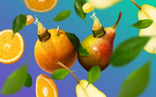 Картинка фрукты, цитрусовые, апельсин, груша, листья, цвет, фоновое изображение, вода, освежающий, дизайн