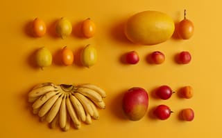 Картинка фрукты, бананы, цитрусовые, апельсины, манго, желтый, еда, натюрморт