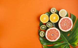 Картинка фрукты, цитрусовые, грейпфрут, апельсин, киви, листья, яркий, лето, еда, декор
