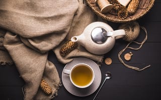 Картинка чай, чайник, чашка, текстиль, натуральные материалы, уют, декор