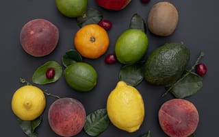 Картинка фрукты, яблоко, лимон, авокадо, киви, апельсин, ягоды, зелень, натюрморт