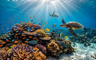 Картинка море, кораллы, черепаха, рыбы, подводный мир, океан, природа, экзотика, свет, глубина