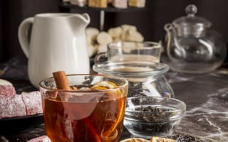 Картинка чай, напиток, цитрусы, корица, десерт, красивый, стол
