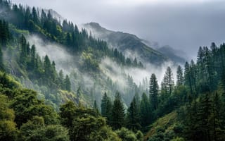 Картинка горы, лес, туман, природа, пейзаж, зелень, мгла