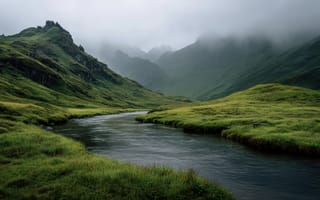Картинка природа, горы, река, туман, пейзаж, зелень, спокойствие, ландшафт