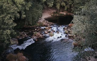 Картинка река, природа, пейзаж, водопад, лес, камни, водоем