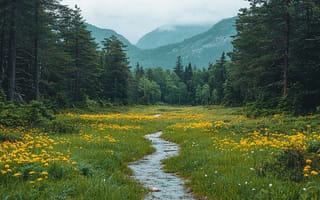 Картинка природа, пейзаж, цветы, лес, горы, река, лето, зелень, мгла, поток