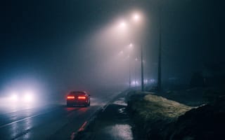 Картинка туман, ночь, дорога, автомобиль, освещение, пейзаж, город