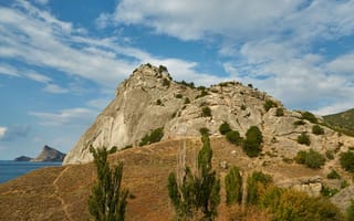 Картинка горы, природа, пейзаж, скалы, море, небо, осень