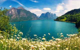Картинка природа, горы, озеро, цветы, пейзаж, лето, небо