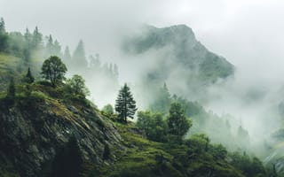 Картинка горы, лес, туман, природа, пейзаж, деревья, мгла