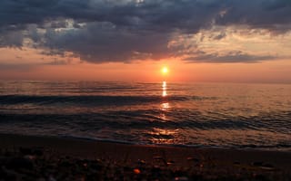 Картинка закат, море, пейзаж, небо, волны, песок, природа