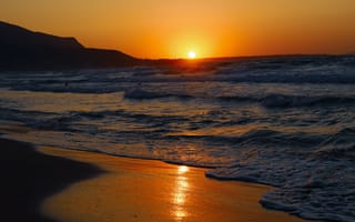 Картинка закат, море, пляж, природа, пейзаж, волны, солнце
