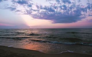Картинка закат, море, пейзаж, облака, пляж, природа, спокойствие