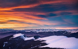 Картинка горы, закат, природа, пейзаж, снег, небо, облака, красота, ландшафт, мир