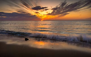 Картинка закат, море, пейзаж, пляж, облака, природа, водная гладь