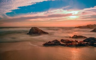 Картинка море, закат, камни, пляж, природа, пейзаж, вода