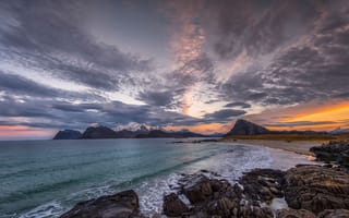 Картинка пейзаж, море, горы, закат, облака, природа, пляж