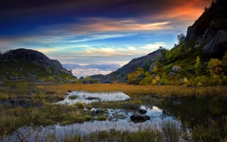 Картинка природа, пейзаж, горы, озеро, закат, осень, небо