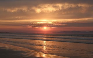 Картинка закат, море, пейзаж, пляж, природа, небо, отражение