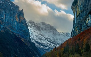 Картинка горы, природа, водопад, осень, пейзаж, небо, лес