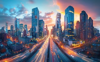 Картинка город, небоскребы, закат, улица, транспорт, архитектура, пейзаж