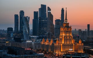Картинка Москва, небоскрёбы, закат, архитектура, город, огни, пейзаж