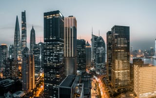Картинка город, небоскребы, вечер, архитектура, свет, пейзаж, урбанистика