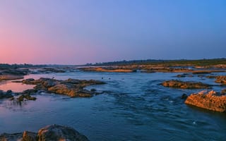 Картинка река, природа, пейзаж, закат, камни, вода, небо