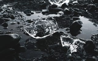 Картинка лед, камни, вода, природа, черный, пейзаж, отражение