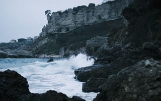 Картинка море, скалы, пейзаж, природа, волны, берег, туман